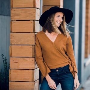 Madewell Texture & Thread Wrap Top in Mustardy Brown. Medium.